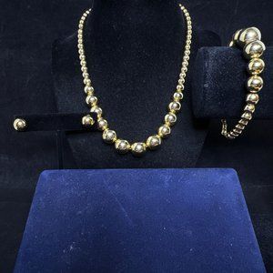 Vintage Gold Tone Ascending Bead Necklace, Bracelet & Pierced Earring Set (4214)